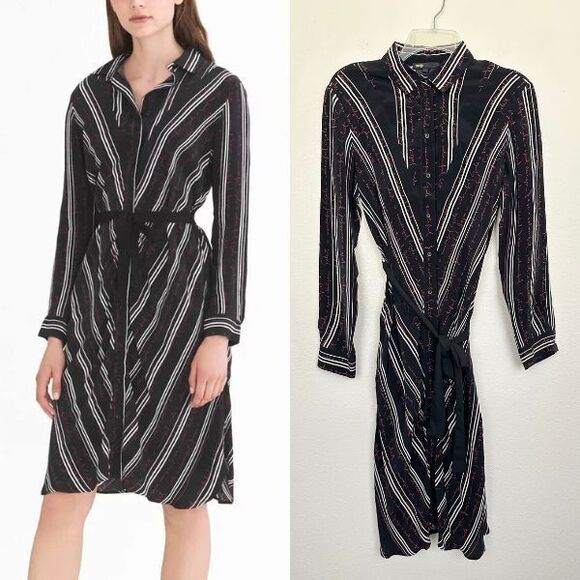 MAJE Regga Shirt Dress Chevron Stripe Print Logo Lettering Belt Black Size 1 (S) - Picture 1 of 13